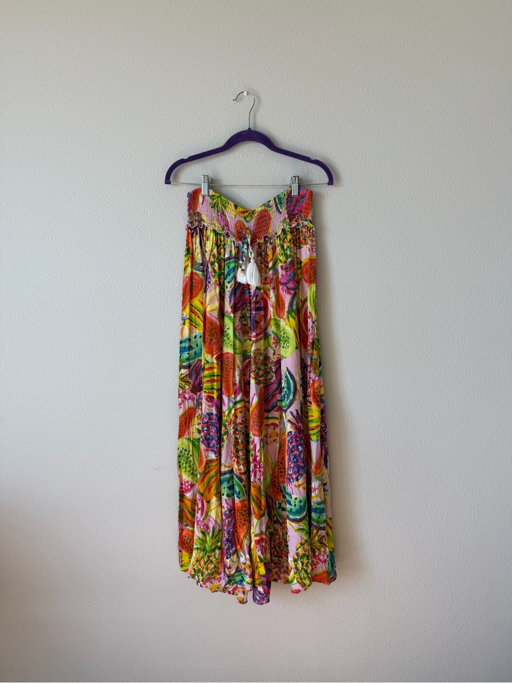True Destinations Tropical Fruit Print Smocked Wide Leg Palazzo Pants Size L